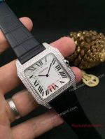 Faux Cartier Tank Watch SS White Roman Diamond Bezel Leather Watch